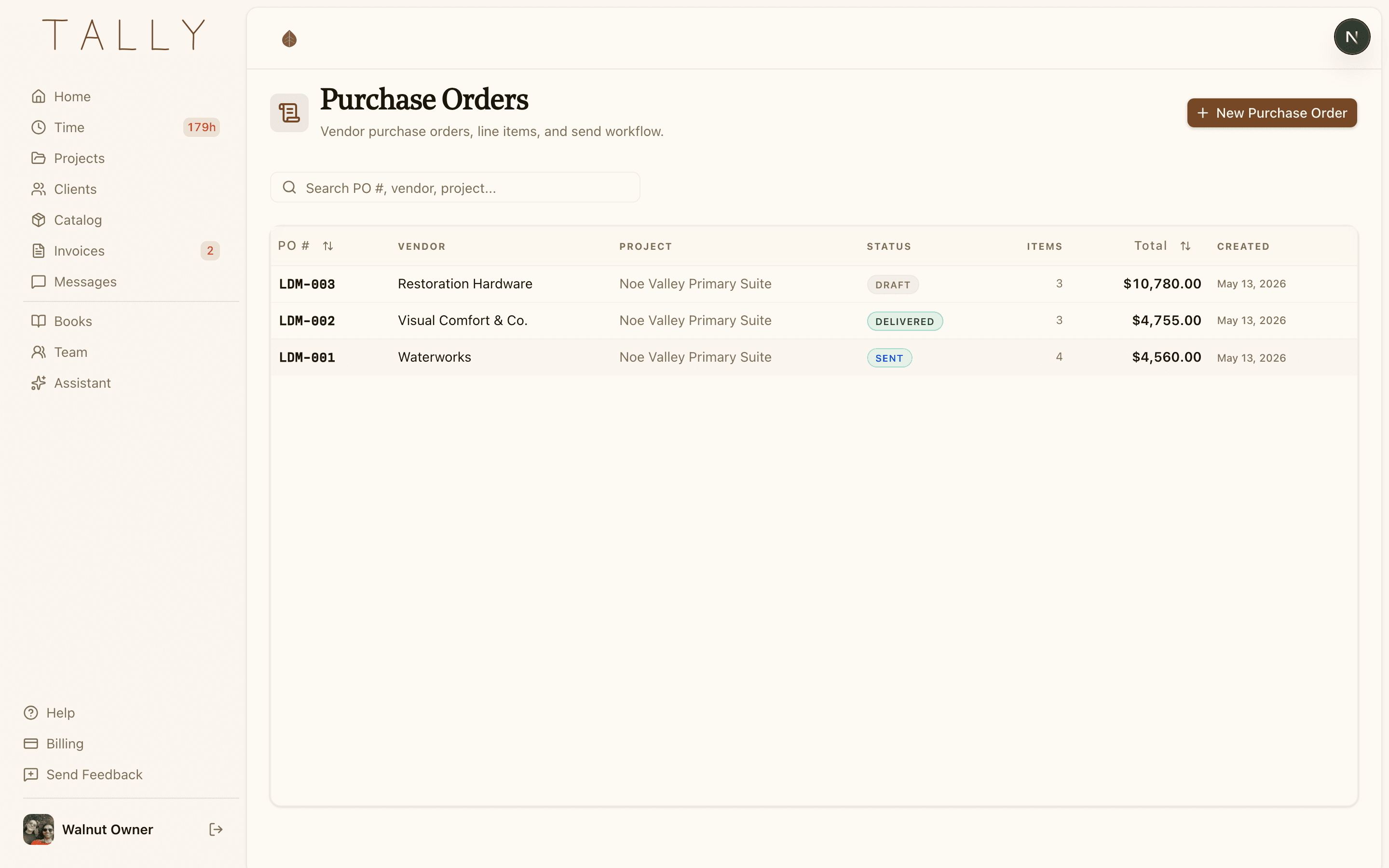 Tally Purchase Orders page showing multiple POs with status, vendor, and totals