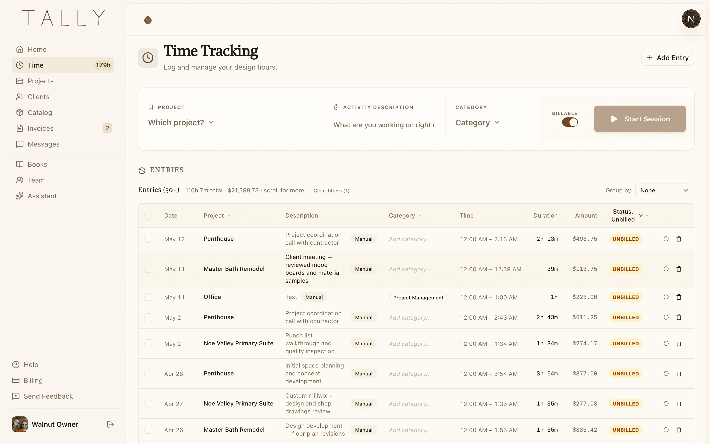 Tally Time Tracking page with active timer and recent entries